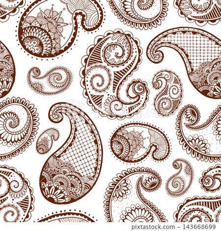 Paisley graphic seamless pattern background design. Mehndi Henna tattoo. Motifs brown repeat ornate. Line art vector hand drawn decorative illustration for textile, cards, packaging, Indian concept Paisley graphic seamless pattern background design. Mehndi Henna tattoo. Motifs brown repeat ornate. Line art vector hand drawn decorative illustration for textile, cards, packaging, Indian concept 143668699