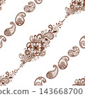Paisley seamless pattern design with Mehndi Henna tattoo Indian concept background. Motifs brown repeat graphic ornate. Line art vector hand drawn decorative illustration for textile, card, packaging 143668700