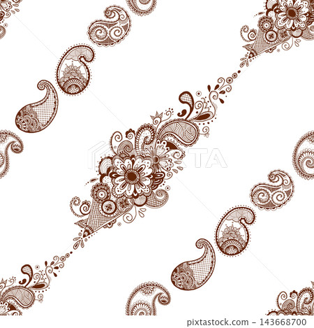 Paisley seamless pattern design with Mehndi Henna tattoo Indian concept background. Motifs brown repeat graphic ornate. Line art vector hand drawn decorative illustration for textile, card, packaging Paisley seamless pattern design with Mehndi Henna tattoo Indian concept background. Motifs brown repeat graphic ornate. Line art vector hand drawn decorative illustration for textile, card, packaging 143668700