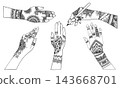 Female hands with henna mehndi tattoos vector line art set. Isolated monochrome collection featuring intricate floral mandalas and traditional Indian body art patterns. For logo, beauty studio design 143668701