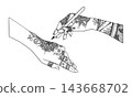 Hand with mehndi design, holding brush, is drawing mehendi tattoo on other hand. Vector line art hand drawn pattern graphic illustration. For decorating Henna Studio, paint tube design, packaging 143668702