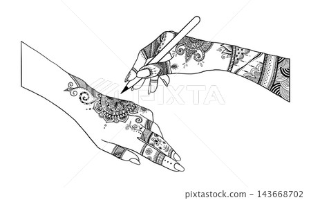 Hand with mehndi design, holding brush, is drawing mehendi tattoo on other hand. Vector line art hand drawn pattern graphic illustration. For decorating Henna Studio, paint tube design, packaging Hand with mehndi design, holding brush, is drawing mehendi tattoo on other hand. Vector line art hand drawn pattern graphic illustration. For decorating Henna Studio, paint tube design, packaging 143668702