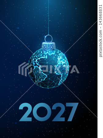 3D blue planet Earth Christmas ball for 2027. New year 2027, global holiday, winter season, world celebration, festive greeting, snowfall, bright future concept 3D blue planet Earth Christmas ball for 2027. New year 2027, global holiday, winter season, world celebration, festive greeting, snowfall, bright future concept 143668831