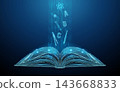 3D blue open book with educational symbols. Education, knowledge, online learning, science, study, data stream, imagination, academic research, idea, wisdom concept 143668833
