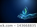 3D blue hand with water drop and leaves inside. Ecology, nature, sustainability, environment, conservation, purity, green energy, clean water, resource, care concept 143668835