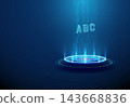 3D blue podium with letters abc in a data stream. Alphabet, education, learning, language, literacy, typography font, grammar, spelling, reading knowledge concept 143668836