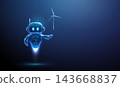 3D blue robot and wind turbine. Artificial intelligence, green energy, renewable power, wind generation, clean electricity, environment, sustainability, ecology concept 143668837