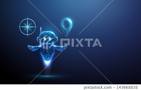 3D blue robot with compass and location pin. Artificial intelligence, virtual assistant, navigation, location search, travel guide, digital helper, direction concept 143668838