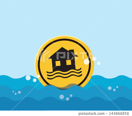 Flood Water Level Gauge Sign with House Warning Icon 143668858
