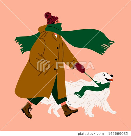 Cozy Winter Man Walking Fluffy White Dog with Green Scarf Illustration Cozy Winter Man Walking Fluffy White Dog with Green Scarf Illustration 143669085