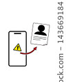 An illustration illustrating a data breach and security warning about personal information leaking from a smartphone. 143669184