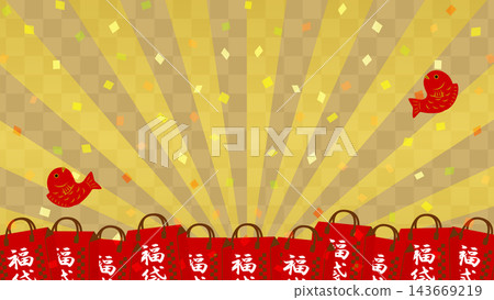 A festive New Year's frame featuring a golden sunburst, confetti, a鯛 (sea bream), and a lucky bag. A festive New Year's frame featuring a golden sunburst, confetti, a鯛 (sea bream), and a lucky bag. 143669219