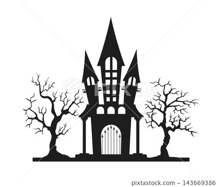 Haunted castle silhouette with spooky dead trees for Halloween Haunted castle silhouette with spooky dead trees for Halloween 143669386