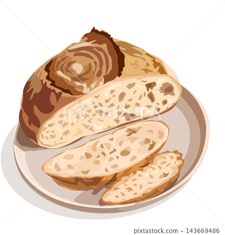 Vector illustration of freshly baked sliced sourdough bread loaf on a plate isolated on white background Vector illustration of freshly baked sliced sourdough bread loaf on a plate isolated on white background 143669486
