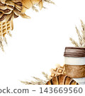 Watercolor bakery frame with takeaway coffee, croissants, waffles and wheat around blank copy space. Warm template for cafe menus, posters, flyers, promotions, invitations and social media designs 143669560