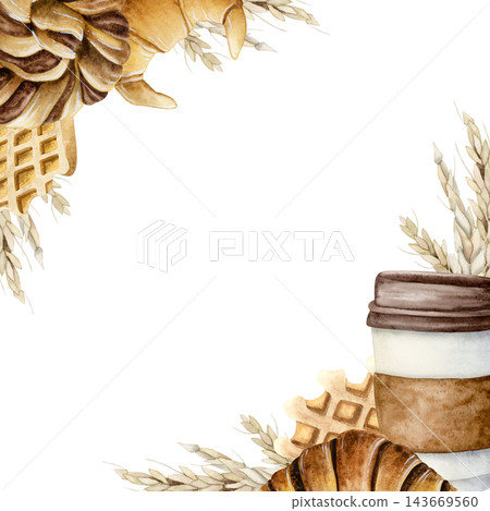 Watercolor bakery frame with takeaway coffee, croissants, waffles and wheat around blank copy space. Warm template for cafe menus, posters, flyers, promotions, invitations and social media designs 143669560