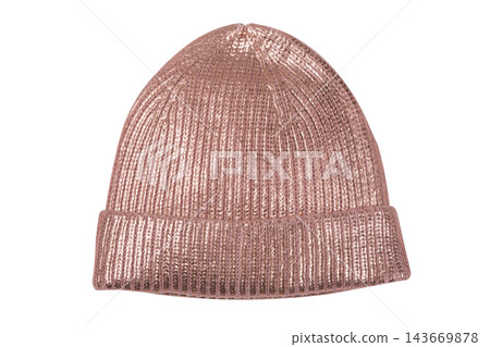 Rose gold metallic knit beanie hat isolated on white background front view Rose gold metallic knit beanie hat isolated on white background front view 143669878