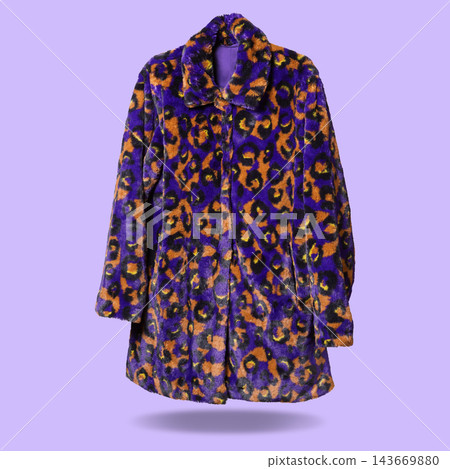 Purple leopard print faux fur coat hovering on purple background front view Purple leopard print faux fur coat hovering on purple background front view 143669880