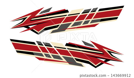 Abstract red black and beige racing car side graphic decal design with sharp angles. Abstract red black and beige racing car side graphic decal design with sharp angles. 143669912
