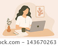 Woman working on laptop at cozy home office desk. Minimalist flat vector illustration 143670263