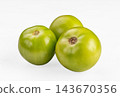 Close up of three green tomatoes with smooth skin and brown stems on white background, food ingredient 143670356