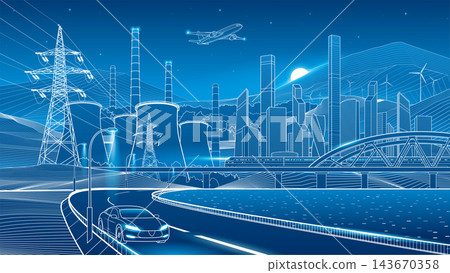 Futuristic industrial city panorama with power plant, electricity pylons, high speed train, highway, bridge and wind turbines. Blue vector illustration of modern urban infrastructure, energy productio Futuristic industrial city panorama with power plant, electricity pylons, high speed train, highway, bridge and wind turbines. Blue vector illustration of modern urban infrastructure, energy productio 143670358