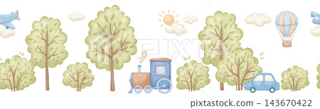 Seamless border with cute watercolour car and train, road. Hand drawn vintage illustration with trees for baby nursery decor Seamless border with cute watercolour car and train, road. Hand drawn vintage illustration with trees for baby nursery decor 143670422