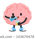 Cute pink brain character performing science experiment with beakers and colorful liquids 143670478