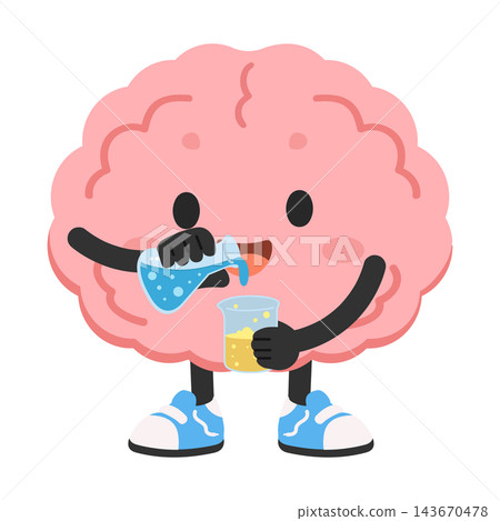 Cute pink brain character performing science experiment with beakers and colorful liquids Cute pink brain character performing science experiment with beakers and colorful liquids 143670478