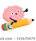 Cute Pink Brain Character Riding a Yellow Pencil 143670479