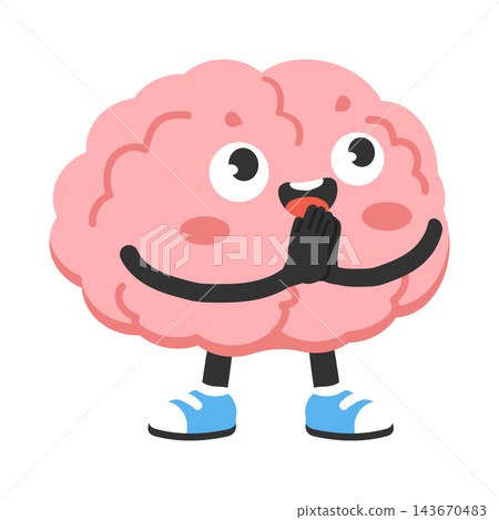 Smiling Cartoon Brain Character with Hands Clasping Together Smiling Cartoon Brain Character with Hands Clasping Together 143670483