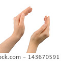 Pair of female hands cupped together with fingers slightly curved on transparent 143670591