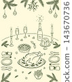 Christmas Dinner Hand Drawn Line Art with Roast Turkey, Champagne, Cake, Pie, Candle and Festive Table Setting, Traditional Holiday Food. New Year 143670736