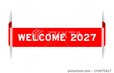 Red color inserted label banner with word welcome code on white background 143670827