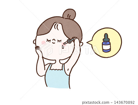A woman applying serum directly to her skin using a dropper (skincare). A woman applying serum directly to her skin using a dropper (skincare). 143670892