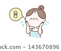 A woman applies lotion to her entire face with her palms as part of her skincare routine. 143670896