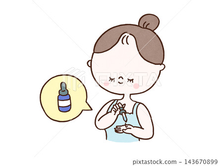 A woman uses a dropper to dispense serum into her palm and then applies it to her skin (skincare). 143670899