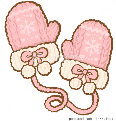 Cozy Pink Knitted Winter Mittens Decorated with White Snowflakes Tiny Hearts Fluffy Cream Cuffs and Little Pink Bows Connected by a Soft Pink String Cute Girly Winter Accessories Illustration Cozy Pink Knitted Winter Mittens Decorated with White Snowflakes Tiny Hearts Fluffy Cream Cuffs and Little Pink Bows Connected by a Soft Pink String Cute Girly Winter Accessories Illustration 143671004