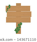 An illustration of a wooden signpost with three wooden planks adorned with ivy leaves. 143671110