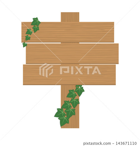 An illustration of a wooden signpost with three wooden planks adorned with ivy leaves. 143671110
