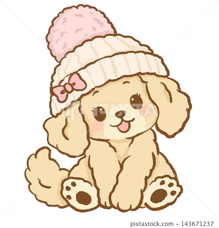 Adorable Chibi Golden Retriever Puppy Girl Wearing a Cozy Cream Knitted Winter Beanie with a Fluffy Pink Pom Pom and Sweet Pink Bow Cute Kawaii Winter Dog Illustration Adorable Chibi Golden Retriever Puppy Girl Wearing a Cozy Cream Knitted Winter Beanie with a Fluffy Pink Pom Pom and Sweet Pink Bow Cute Kawaii Winter Dog Illustration 143671237