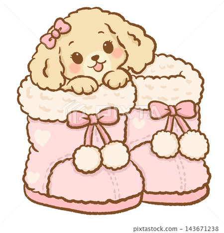 Cute Chibi Golden Retriever Puppy Girl Peeking Out of Oversized Pastel Pink Winter Boots with Fluffy Cream Fur Trim and Pretty Pink Bows Adorable Cozy Winter Puppy Illustration Cute Chibi Golden Retriever Puppy Girl Peeking Out of Oversized Pastel Pink Winter Boots with Fluffy Cream Fur Trim and Pretty Pink Bows Adorable Cozy Winter Puppy Illustration 143671238