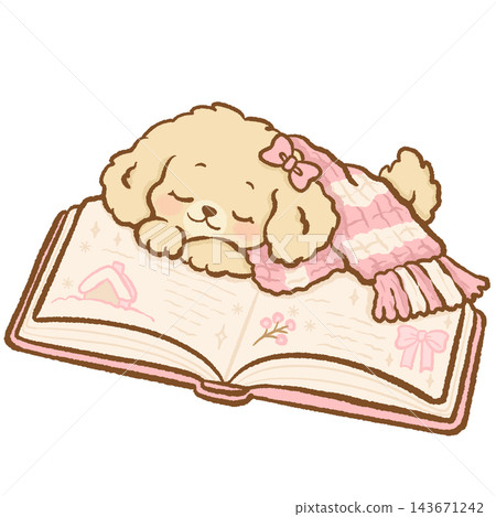 Adorable Chibi Golden Retriever Puppy Girl Sleeping on an Open Storybook Wearing a Cozy Pink Knitted Winter Scarf with a Sweet Bow Cute Kawaii Bedtime Puppy Illustration Adorable Chibi Golden Retriever Puppy Girl Sleeping on an Open Storybook Wearing a Cozy Pink Knitted Winter Scarf with a Sweet Bow Cute Kawaii Bedtime Puppy Illustration 143671242