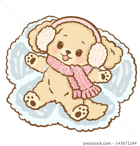 Sweet Chibi Golden Retriever Puppy Girl Making a Snow Angel Wearing Fluffy Cream Earmuffs and a Pink Knitted Scarf Cute Kawaii Winter Puppy Illustration Sweet Chibi Golden Retriever Puppy Girl Making a Snow Angel Wearing Fluffy Cream Earmuffs and a Pink Knitted Scarf Cute Kawaii Winter Puppy Illustration 143671244