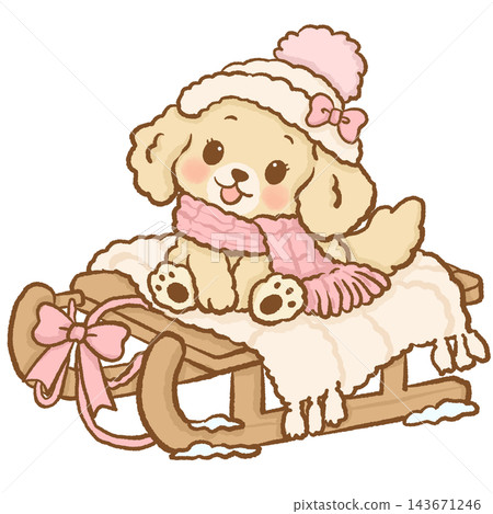 Cute Chibi Golden Retriever Puppy Girl Sitting on a Wooden Winter Sled with a Fluffy Cream Blanket Wearing a Pink Scarf and Pom Pom Hat Adorable Kawaii Puppy Illustration Cute Chibi Golden Retriever Puppy Girl Sitting on a Wooden Winter Sled with a Fluffy Cream Blanket Wearing a Pink Scarf and Pom Pom Hat Adorable Kawaii Puppy Illustration 143671246