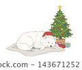 An illustration of a white dog wearing a Santa hat and sleeping next to a decorated Christmas tree. 143671252