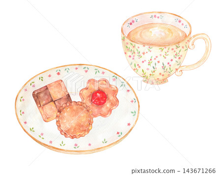 A watercolor illustration of a tea and cookie set. A watercolor illustration of a tea and cookie set. 143671266