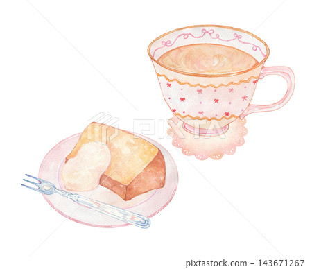 A watercolor painting of a chiffon cake and teacup A watercolor painting of a chiffon cake and teacup 143671267