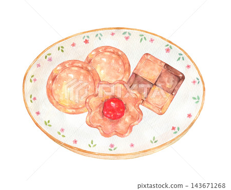 A watercolor illustration of cookies on a stylish plate. A watercolor illustration of cookies on a stylish plate. 143671268