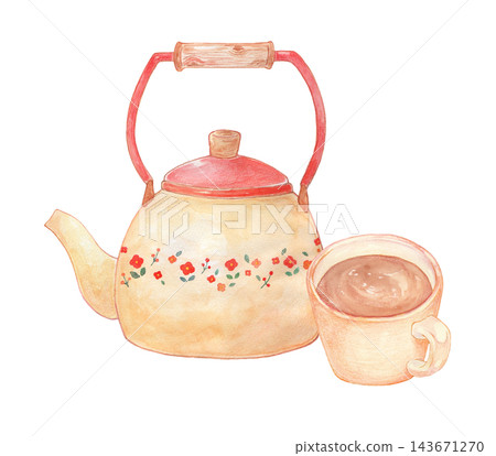 A kettle and cup painted in watercolor. A kettle and cup painted in watercolor. 143671270